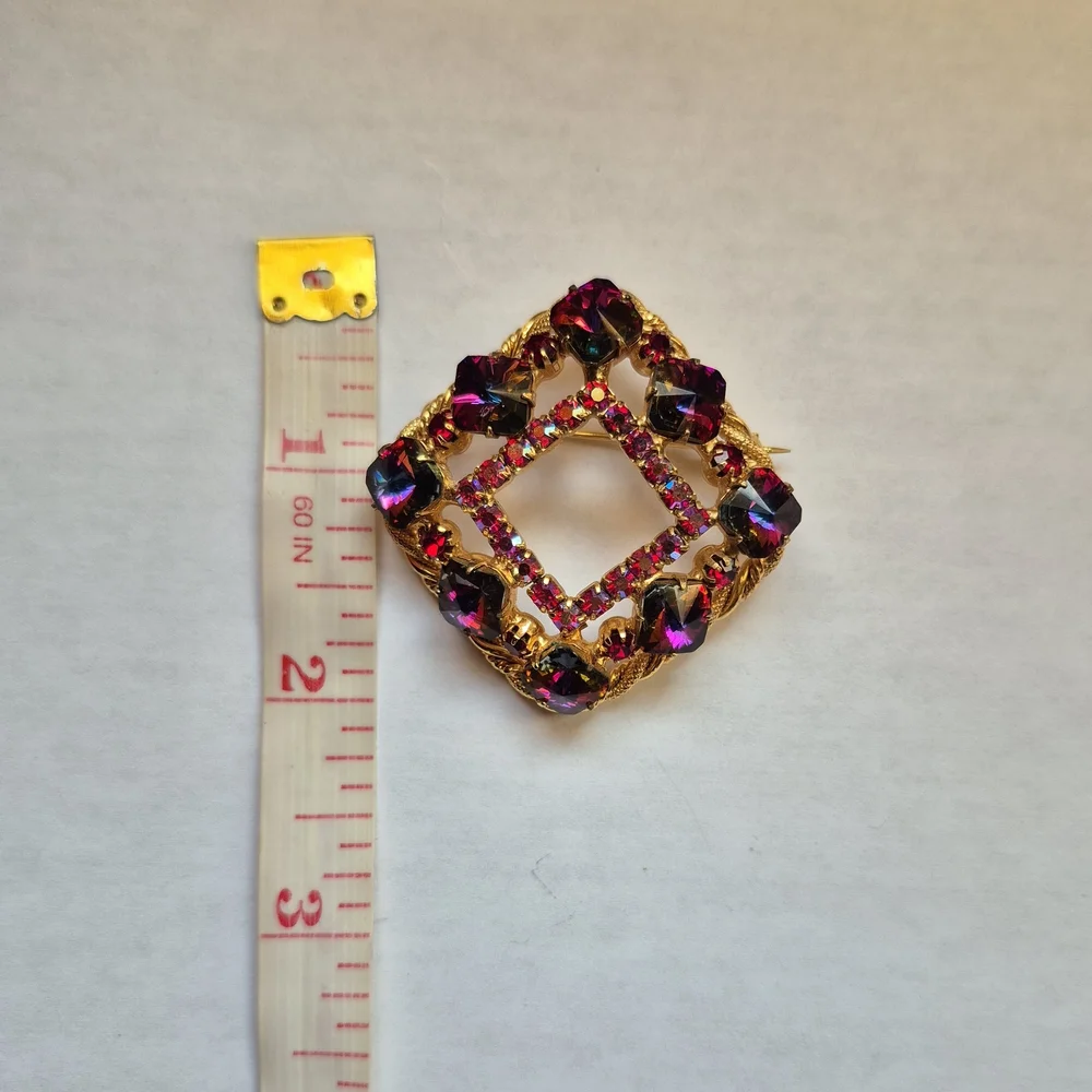 Square Rainbow Rivoli Art Glass Stone Brooch